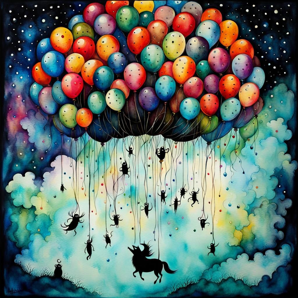 Cute Monsters in Balloons, Anime Watercolor Art