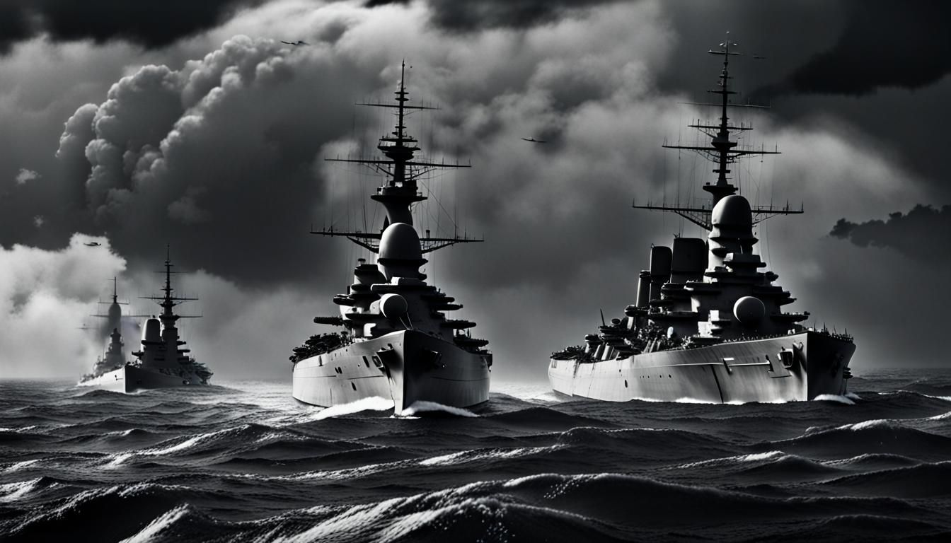 Bismarck and Tirpitz sailing together in the Atlantic Ocean.