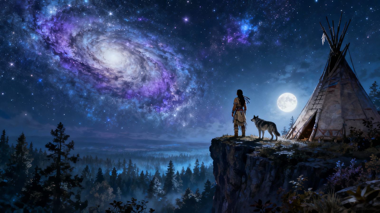 Native American Woman Gazes at Nebula Sky by Wolf and Teepee