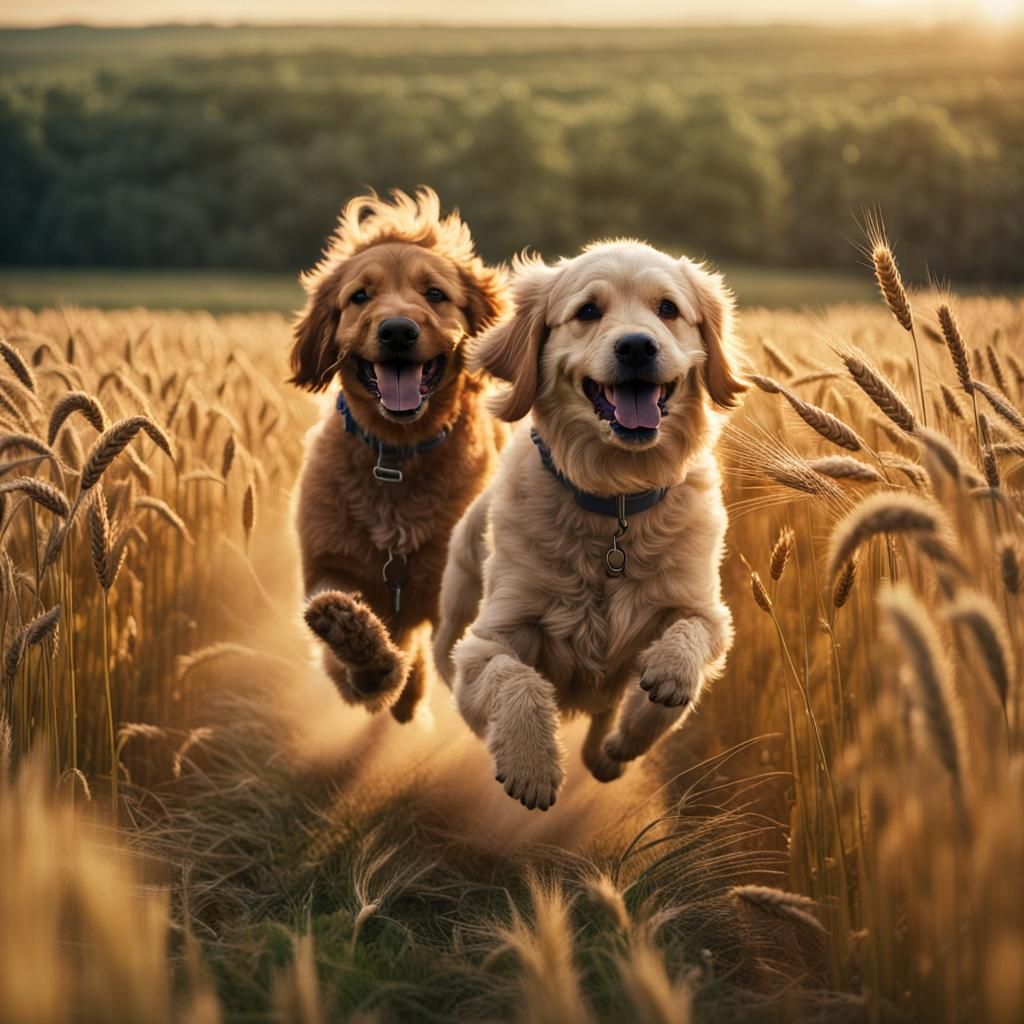 Golden Retriever and Poodle in Wheat Field
