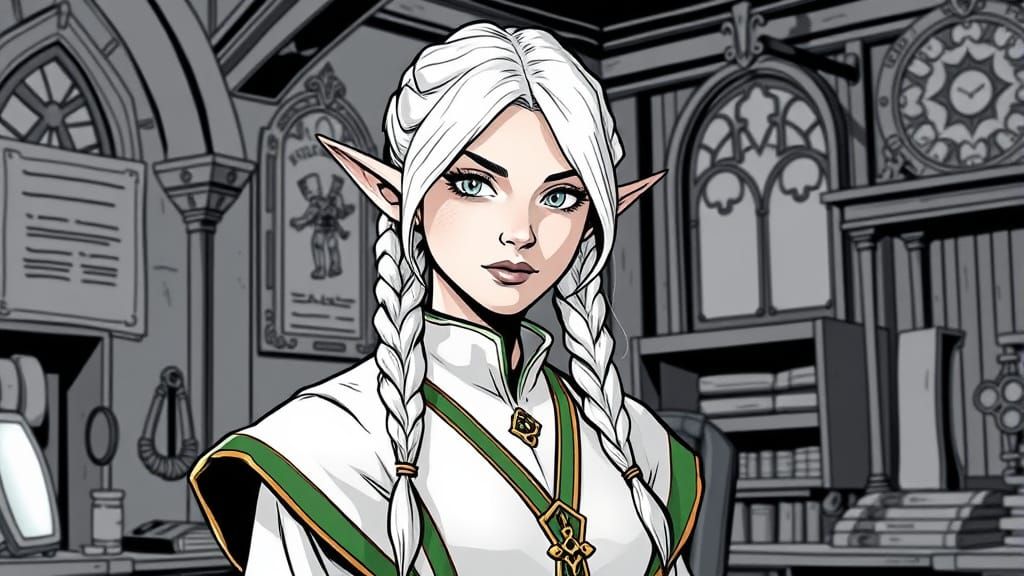 Dark Fantasy Elf Administrator in Comic Book Style