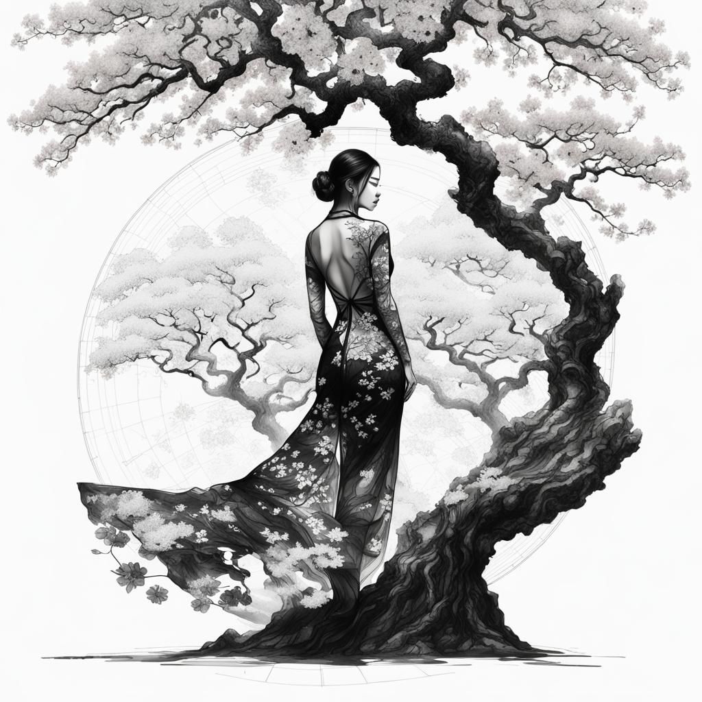 Sakura Silhouette: Double Exposure Ink Drawing
