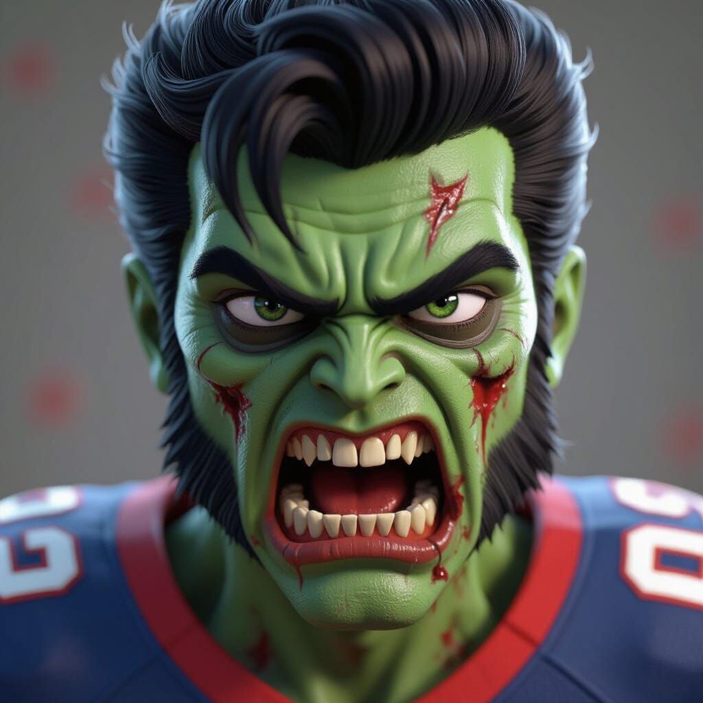 Zombie Elvis Gnashing Teeth in Football Jersey