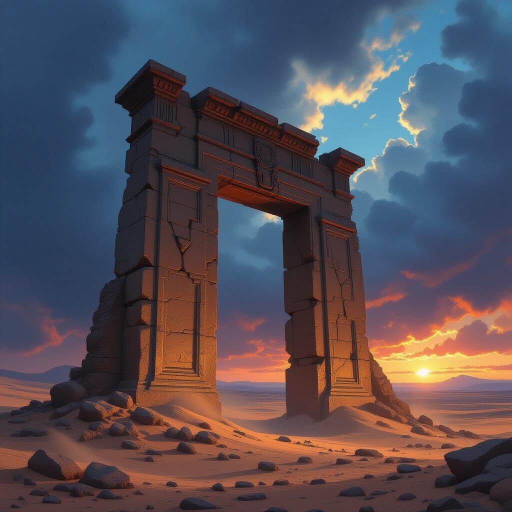 A colossal, ancient gate, weathered and crumbling, stands as...