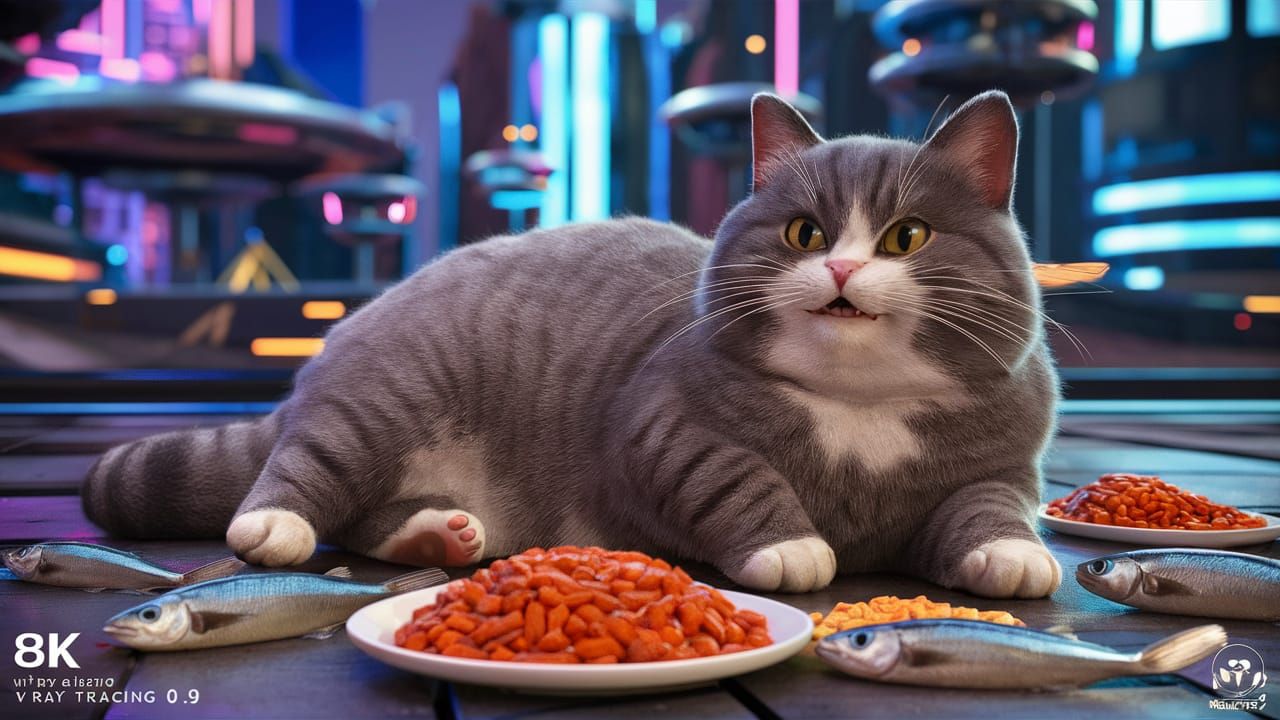 Stunning Grey Tabby Cat Surrounded by Futuristic Feast