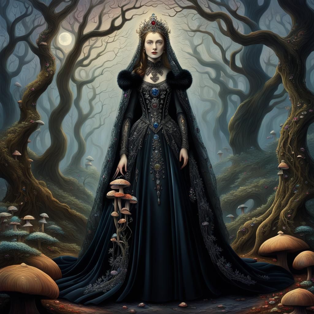 Mourning Princess in Moonlit Forest, Dark Fantasy