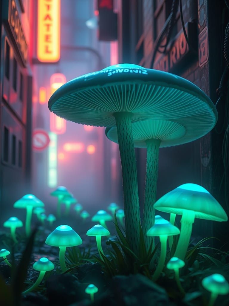 Cyberpunk Alleyway with Bioluminescent Mushrooms