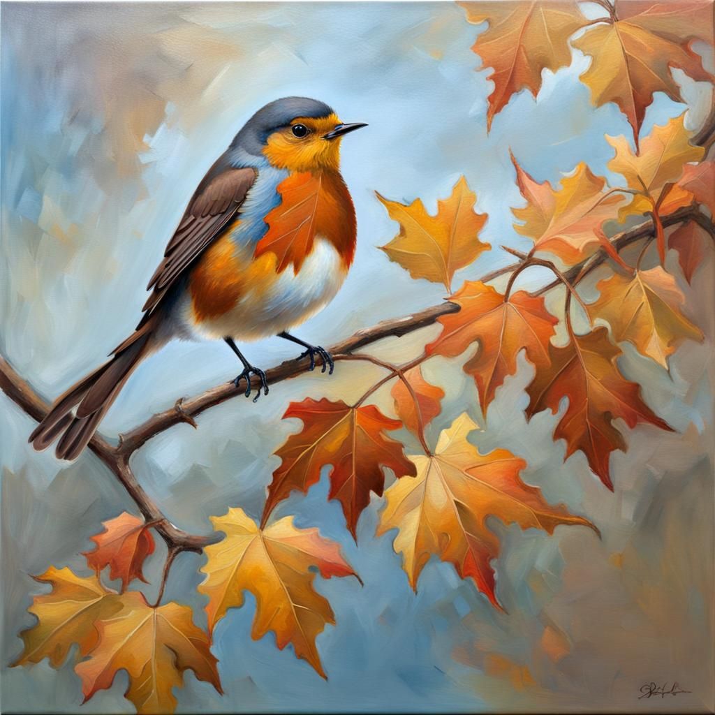 Robin on Autumn Branch in Oil Painting Style