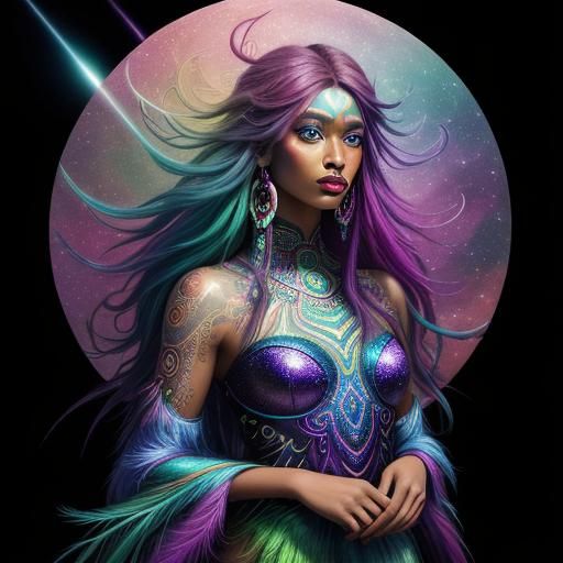 Rainbow Woman with Peacock Feathers in Visionary Art