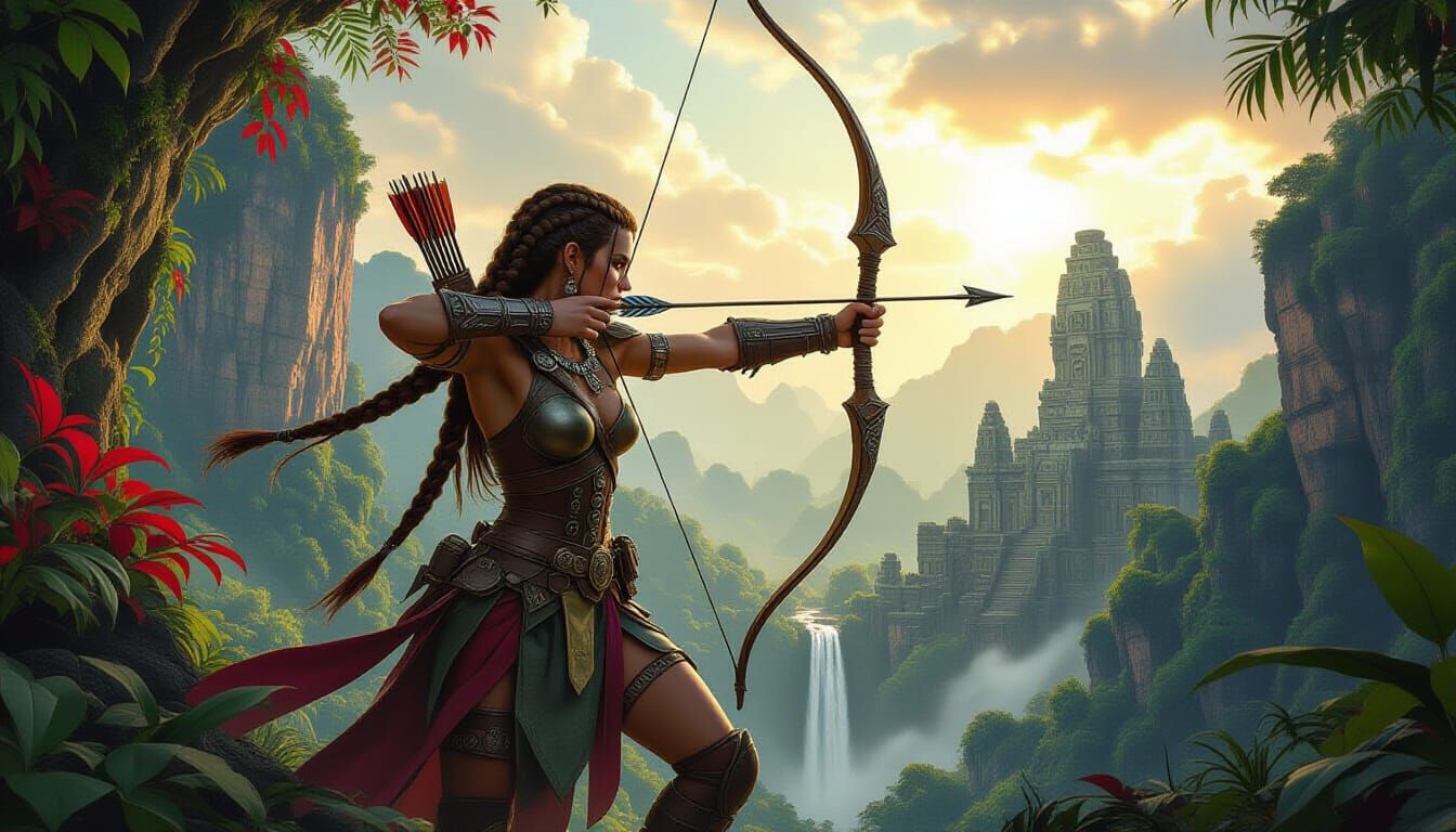 Huntress in a Post-Apocalyptic Jungle Landscape