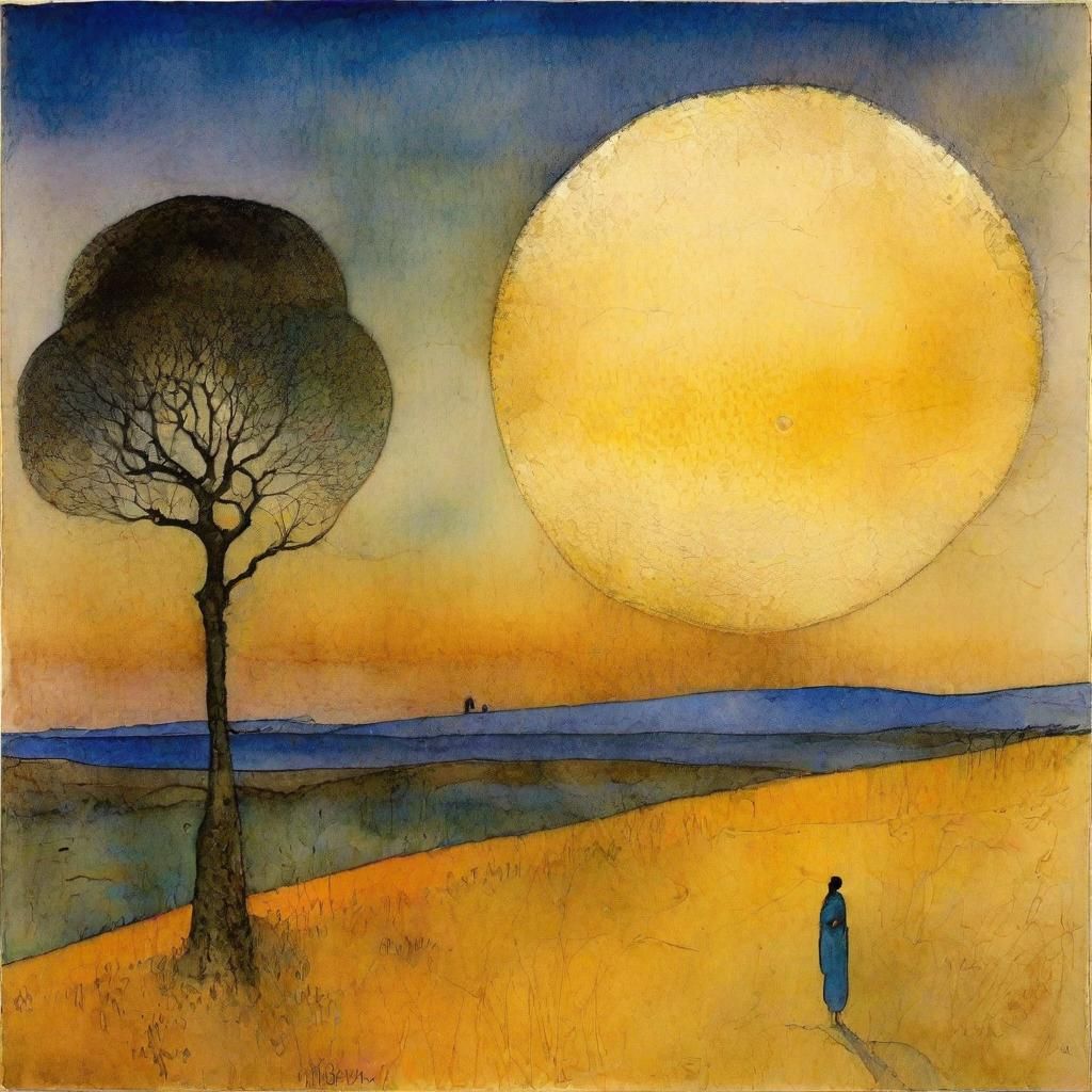 Dawn Landscape in Textured Ink and Watercolor Style