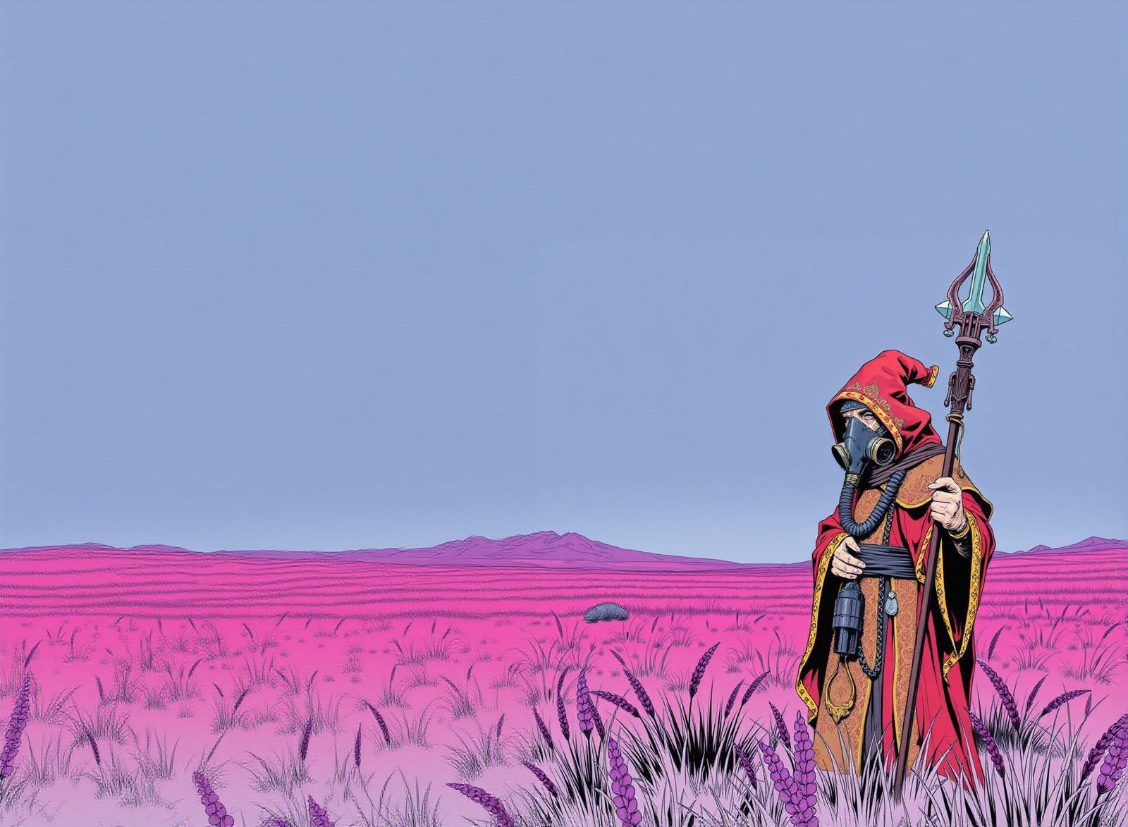 Sci-Fi Cleric in Ultraviolet Grasslands, Minimalist Illustra...