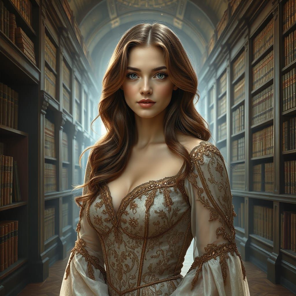 Woman in Library: Hyperrealistic Art Nouveau Portrait