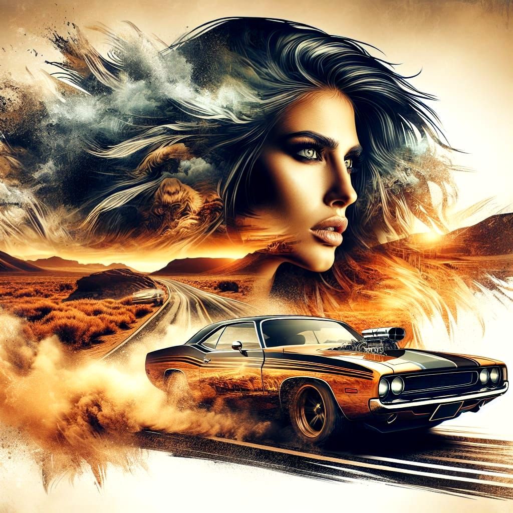 Untamed Energy: Woman and Muscle Car in Double Exposure
