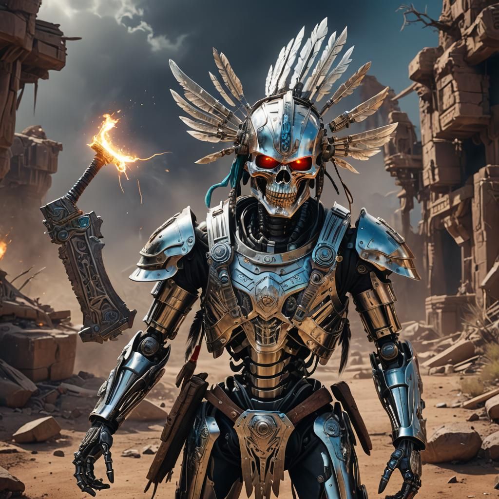 Futuristic Native American Warrior Robot with Laser Tomahawk