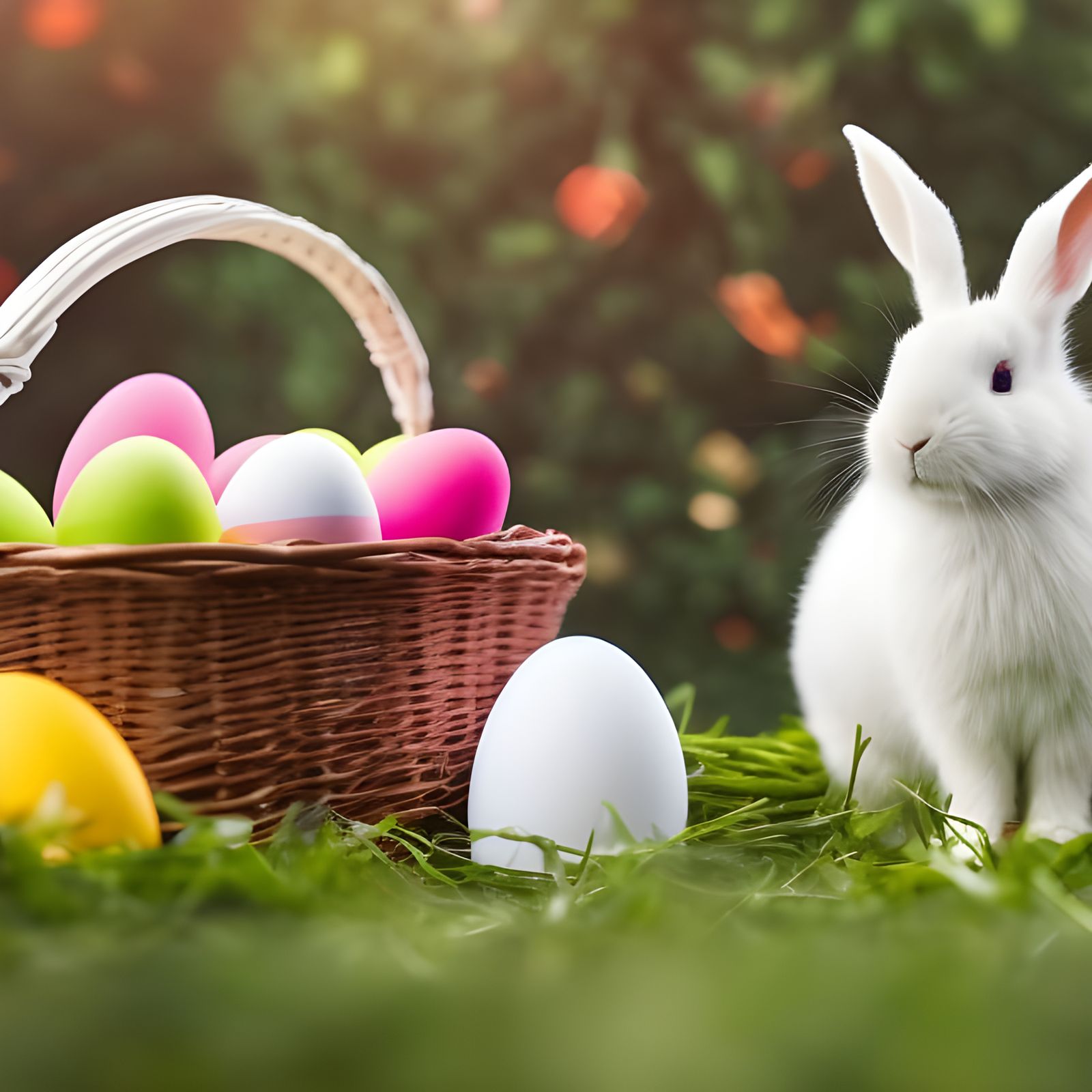Festive Easter Rabbit and Basket of Decorated Eggs