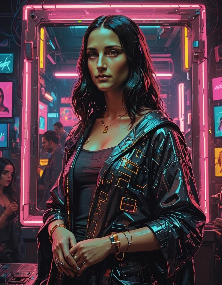 Mona Lisa in Cyberpunk Disco, Neon Style