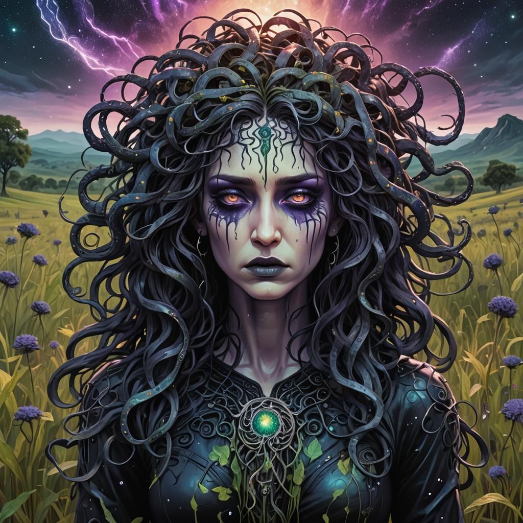 Goth Medusa Crying: Holographic Astral Illustration
