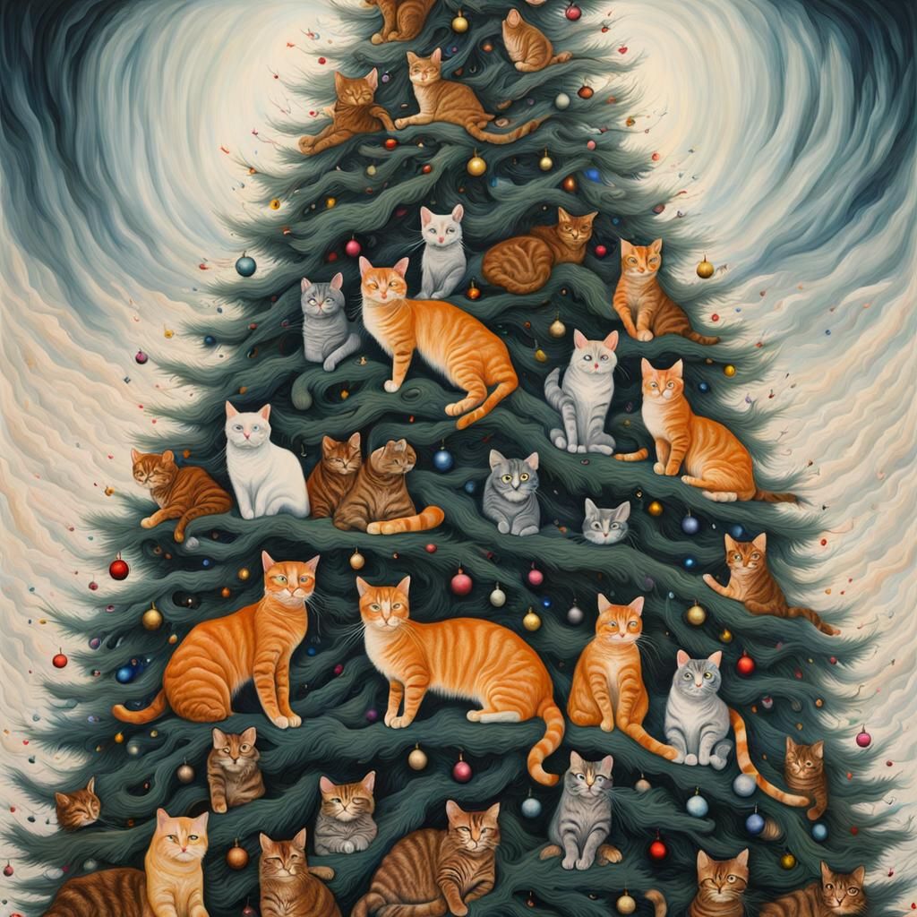 Festive Feline Christmas Tree in Surrealist Style