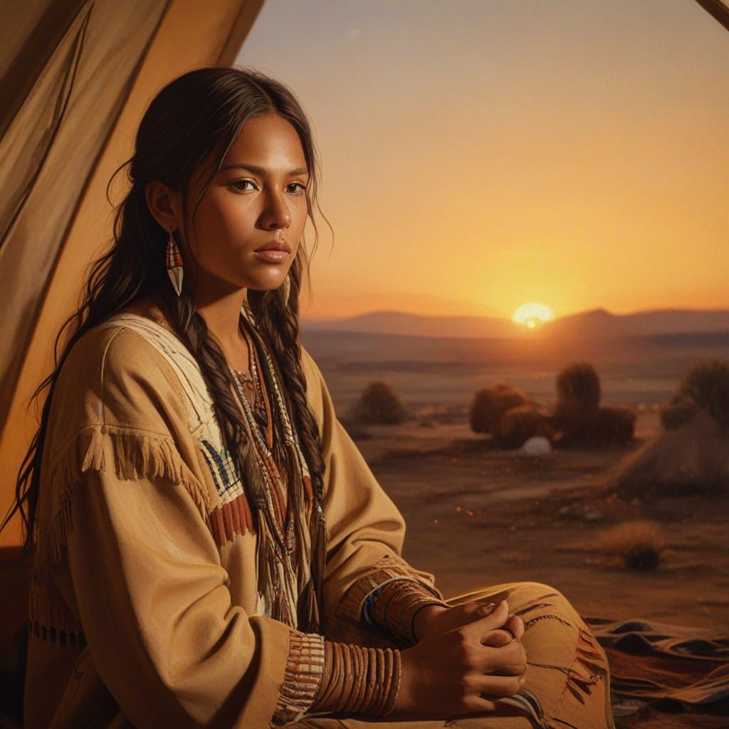 Earthy Native American Tent Scene at Golden Hour