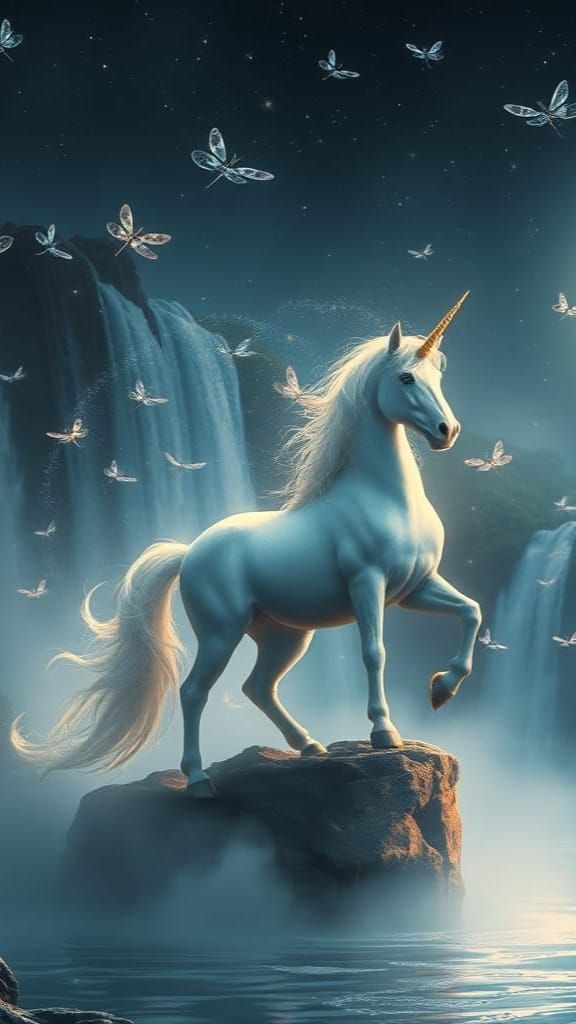 Unicorn Under Full Moon with Dragonflies