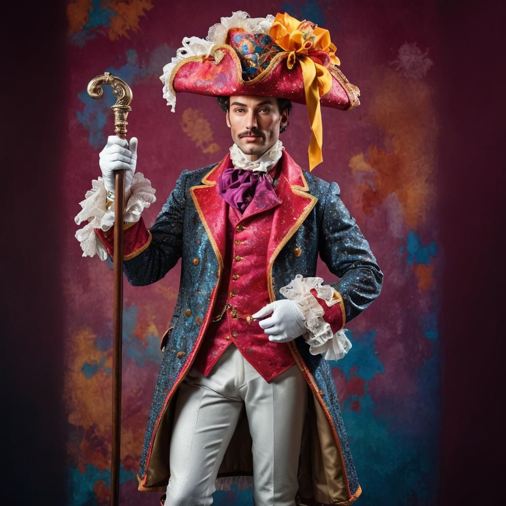 Full length portrait of Dandini A flamboyant Georgian Dandy in wildly colourful sparkling fabrics, white knee stockings,...