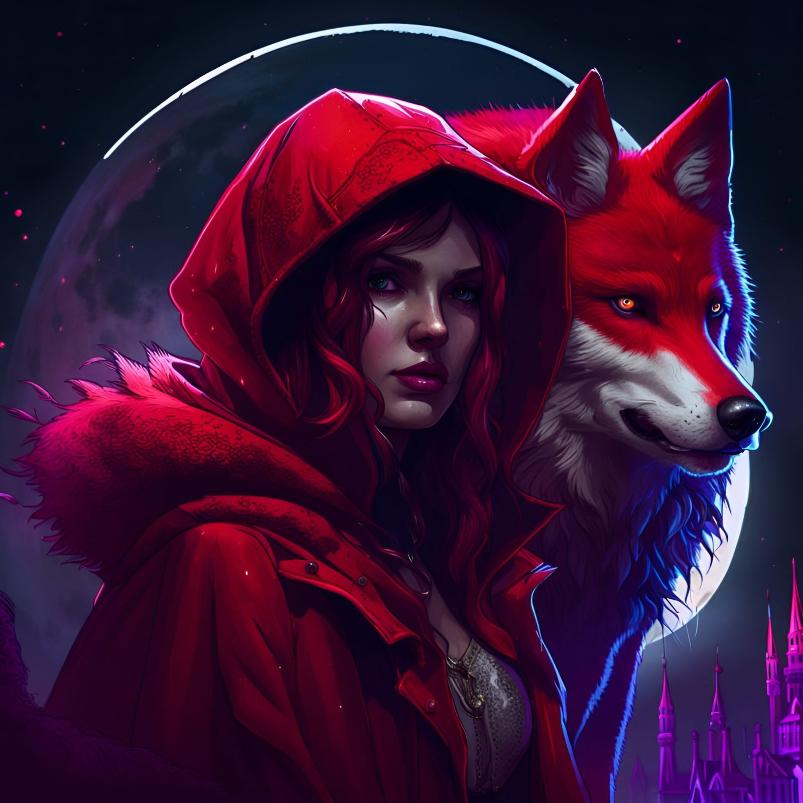 Red Hood and Wolf in Dark Fantasy Style