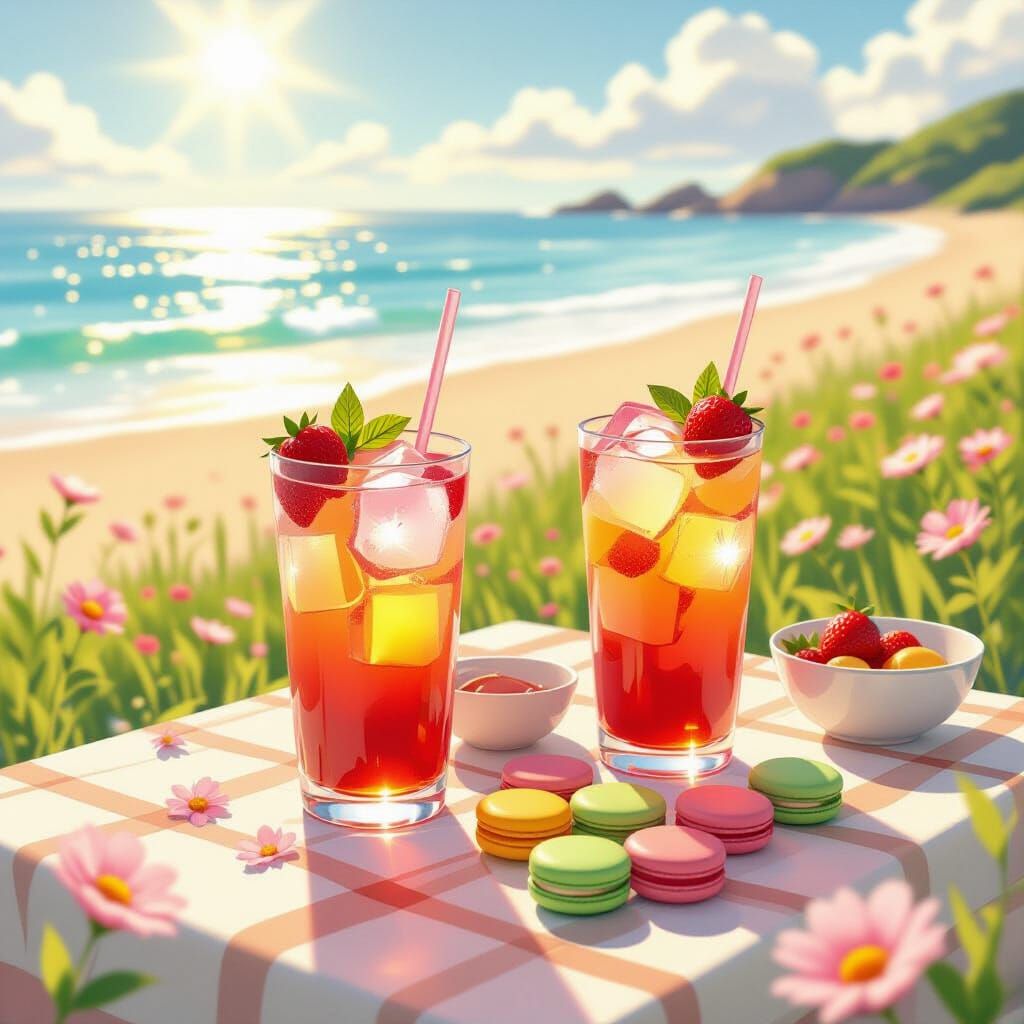 Dreamy Anime Seaside Picnic with Glowing Drinks