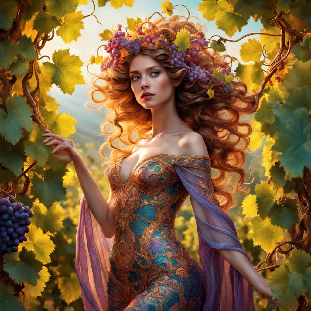 Sensual Goddess of the Vineyard in Vibrant Art Nouveau Style