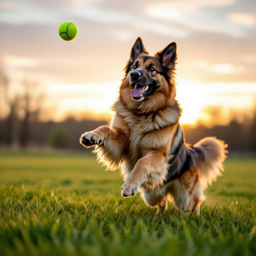 German Shepherd Leaping for Tennis Ball in Golden Hour Grass