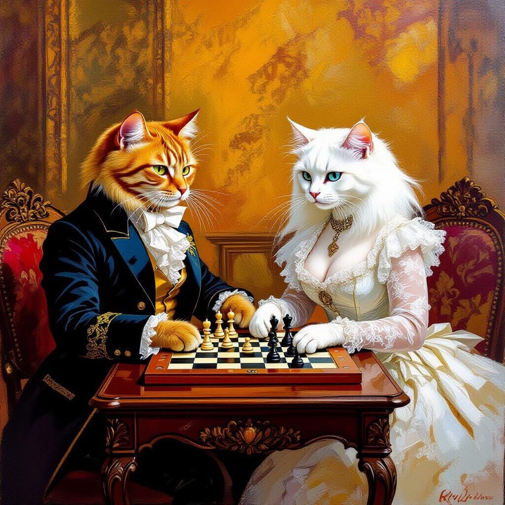Cats Playing Chess in an Impressionistic Style