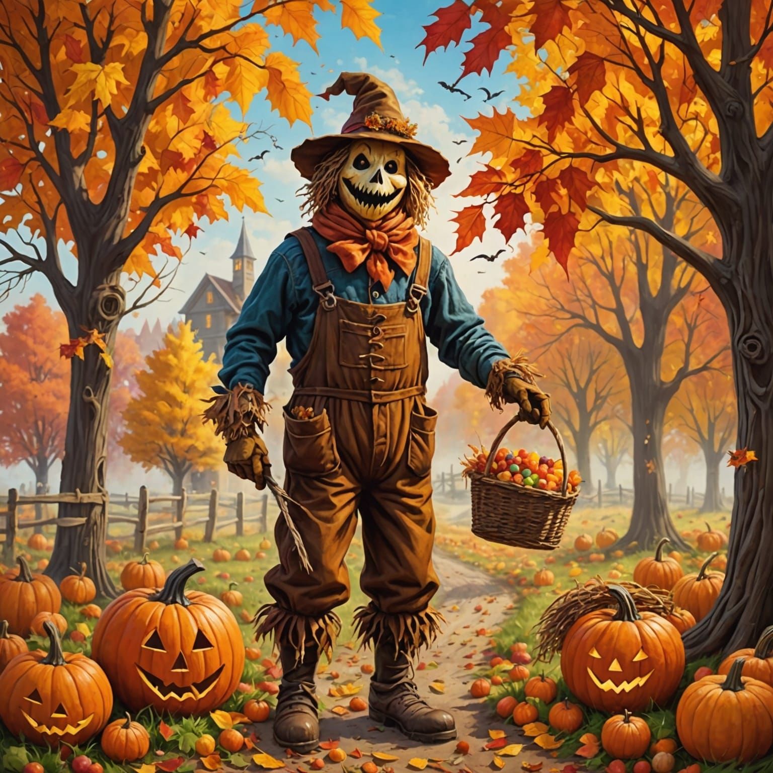 Scarecrow Harvesting Candy Trees in Autumnal Scene