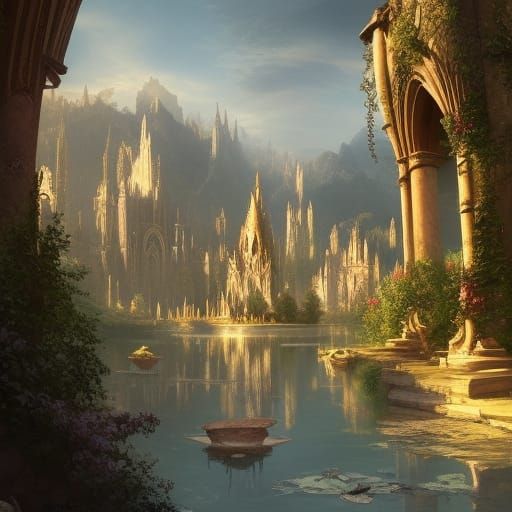 Golden Elven City with Marble Arches, Digital Art
