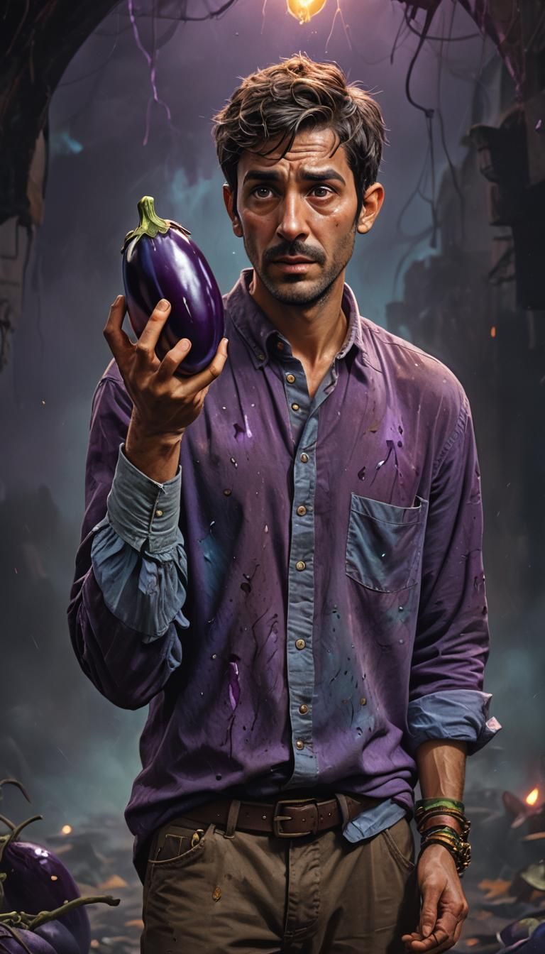 Scared Man Holding Eggplant: Fantasy Concept Art