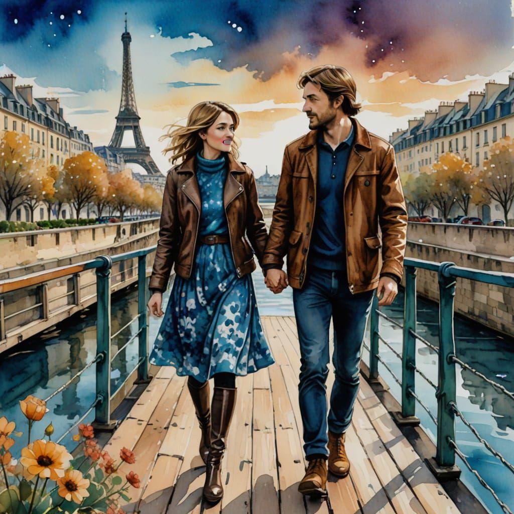 Couple Strolling in Winter Paris: Watercolor Art