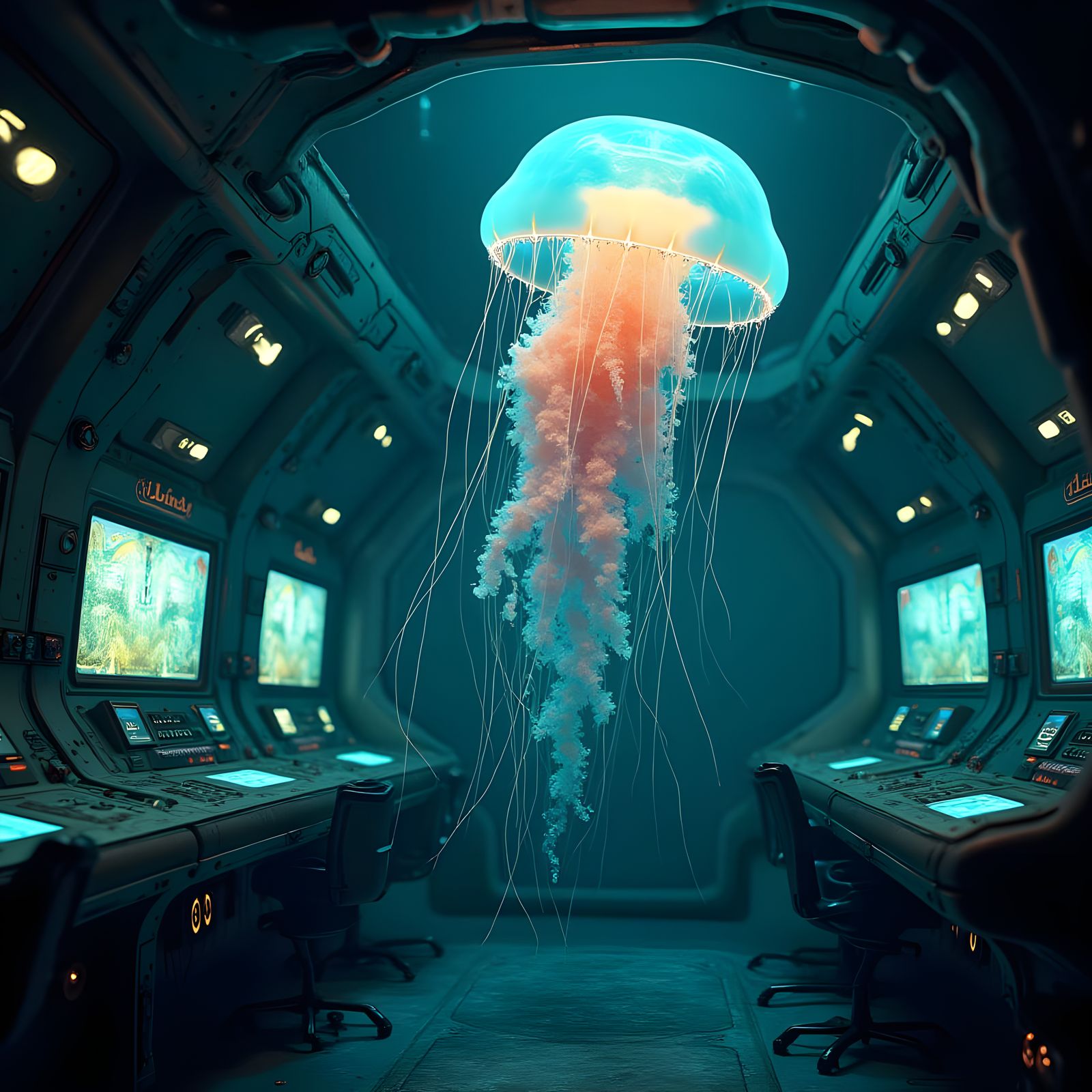Bioluminescent Jellyfish in Underwater Control Room