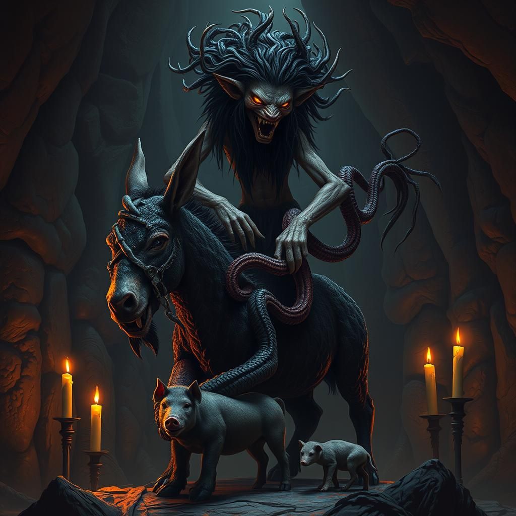 Terrifying Lamashtu Goddess in a Nightmarish Scene