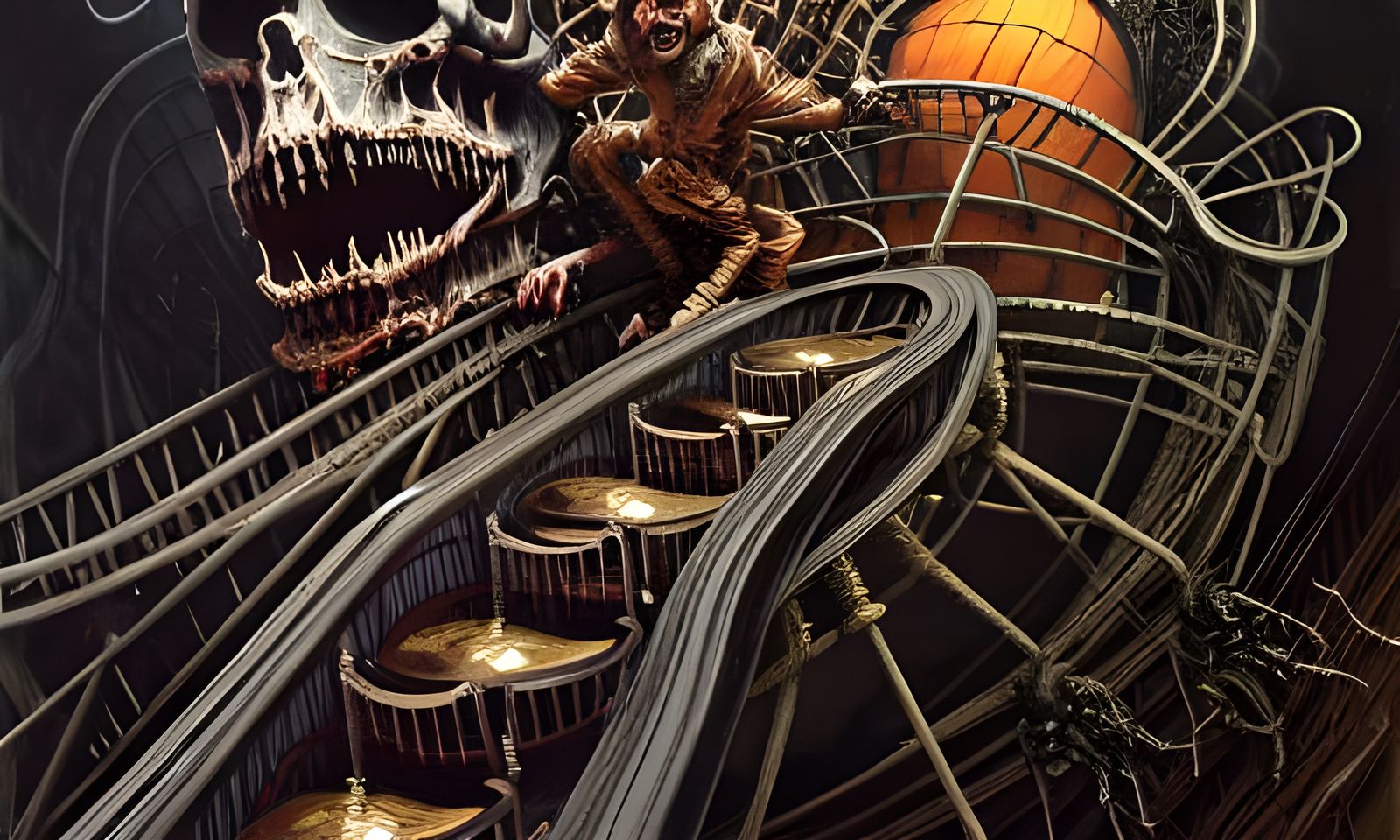 Grotesque Halloween Rollercoaster Art in Deep Colors