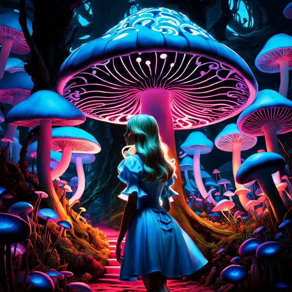 Alice in Bioluminescent Wonderland Maze, Dark Fantasy Concep...
