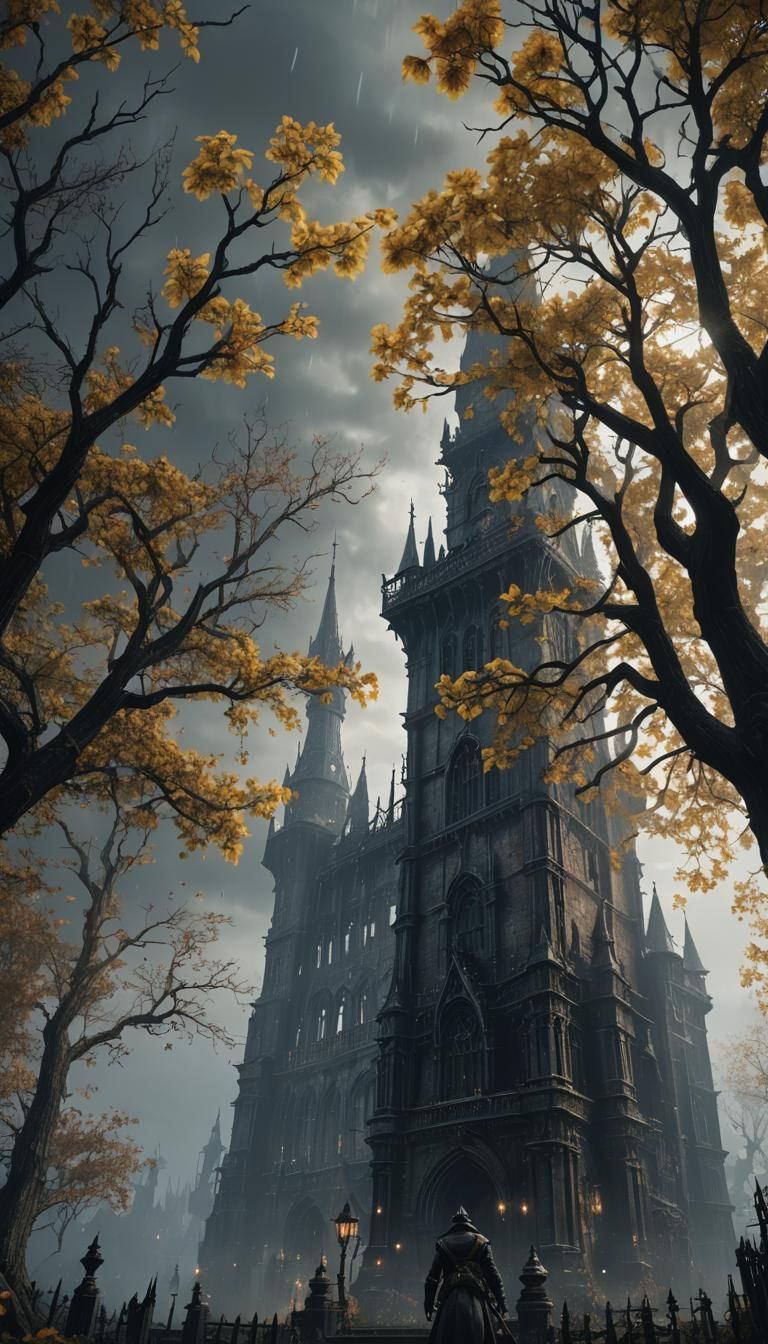 Bloodborne Gothic Towers with Sunflowers in Rain