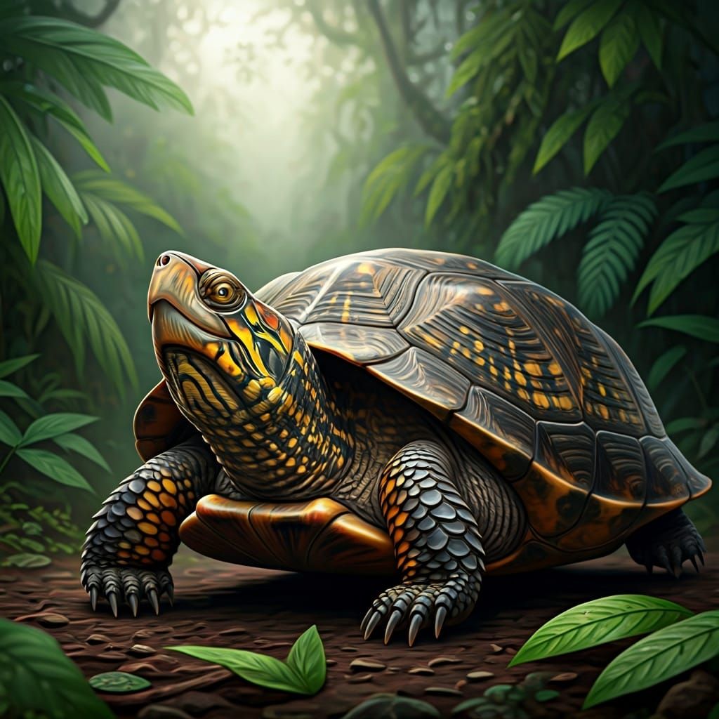 Turtle Portrait in Misty Rainforest, Oil Painting