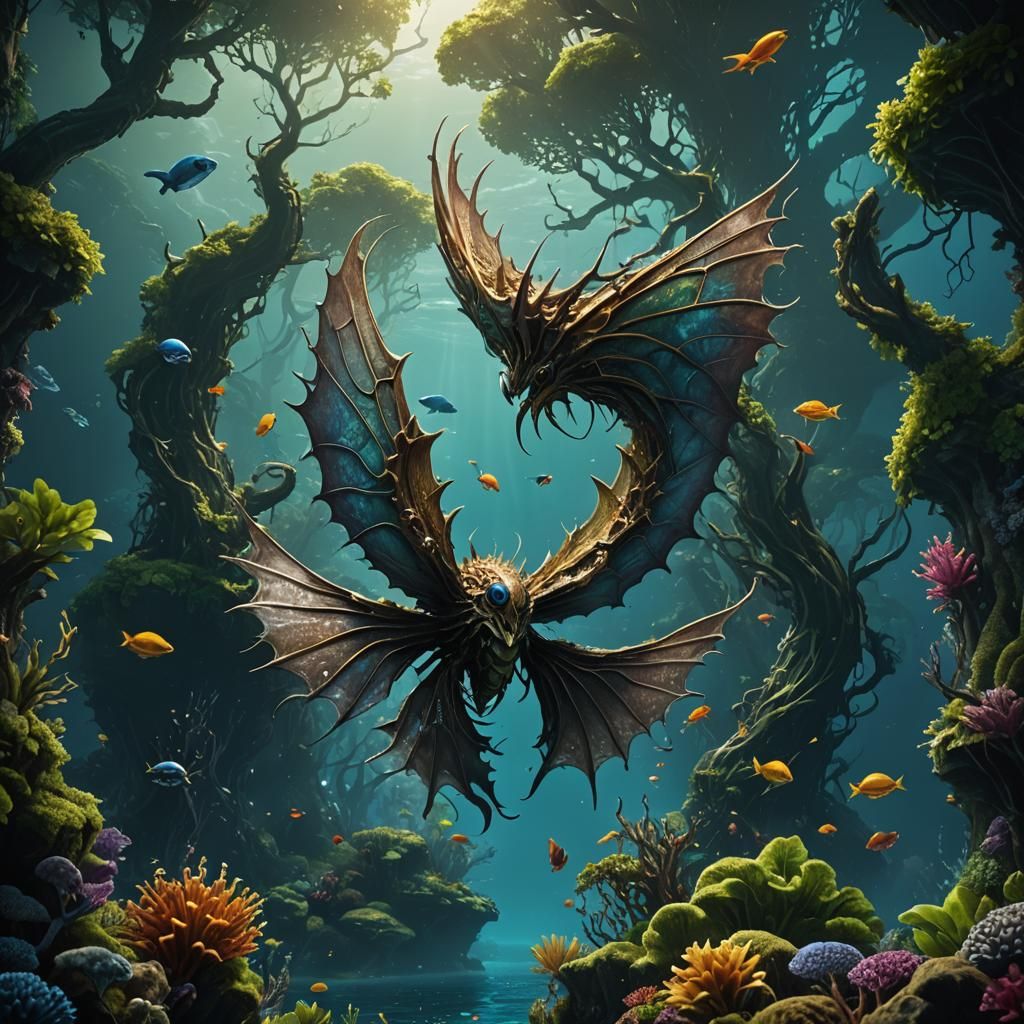 Fantastical Winged Amphibian in Deep Ocean
