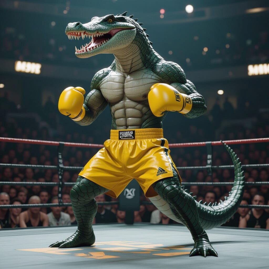 Gharial Humanoid Boxer in Ring, Sci-Fi Style