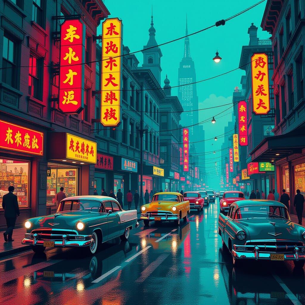 Vibrant Film Noir Scene in Wes Anderson Style