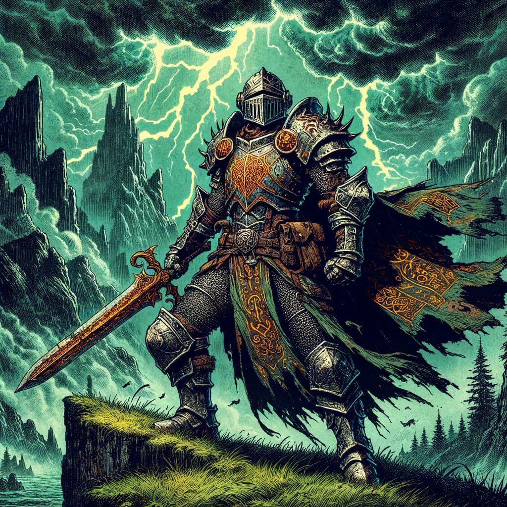 Triumphant Nord Knight in Vintage Fantasy Comic Style