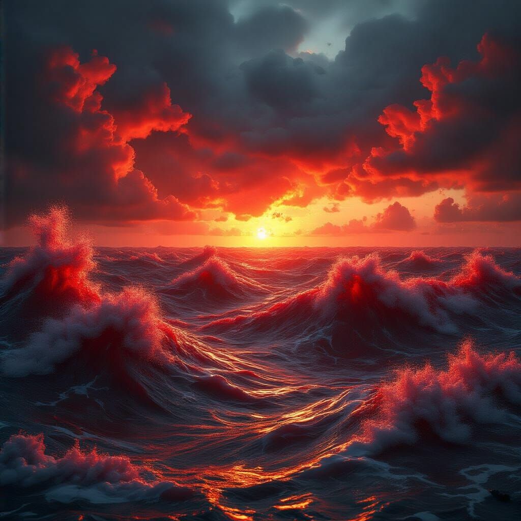 Scarlet Ocean Waves and Flames in 3D Rendering