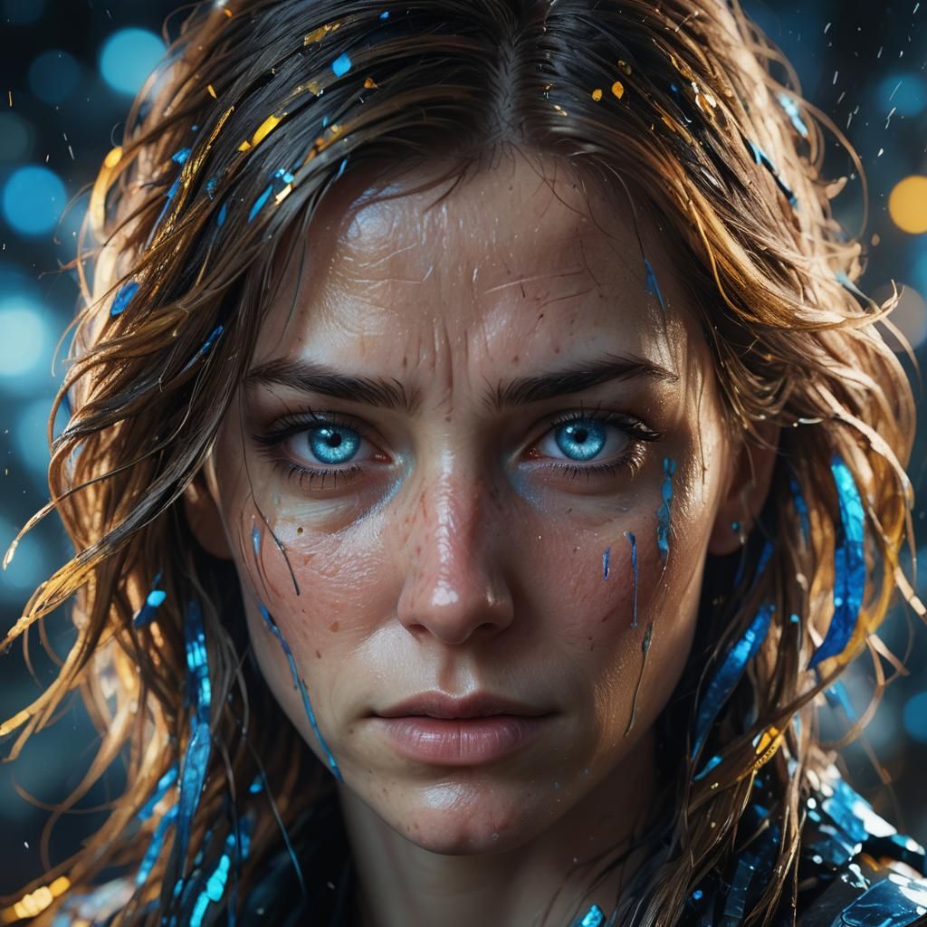 Sad Woman Portrait with Azure Eyes in Art Nouveau Style