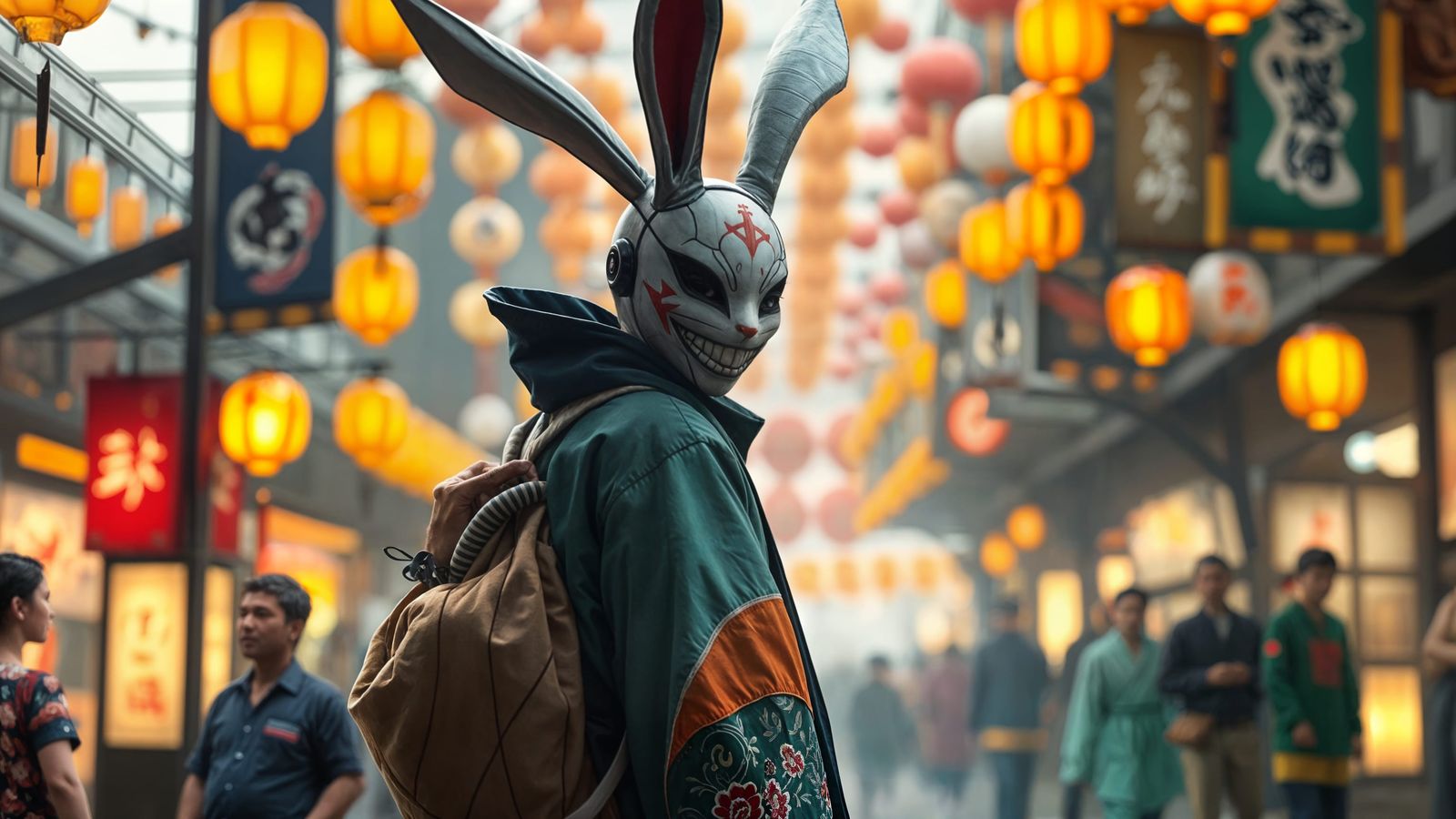 Rabbit Masked Figure in Patchwork Kimono Digital Art