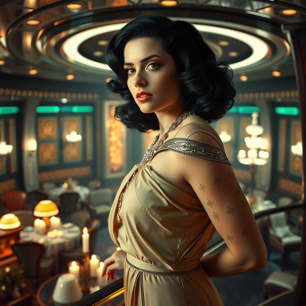 Regal Baronesa Overlooks Art Deco Ballroom from Luxury Space...