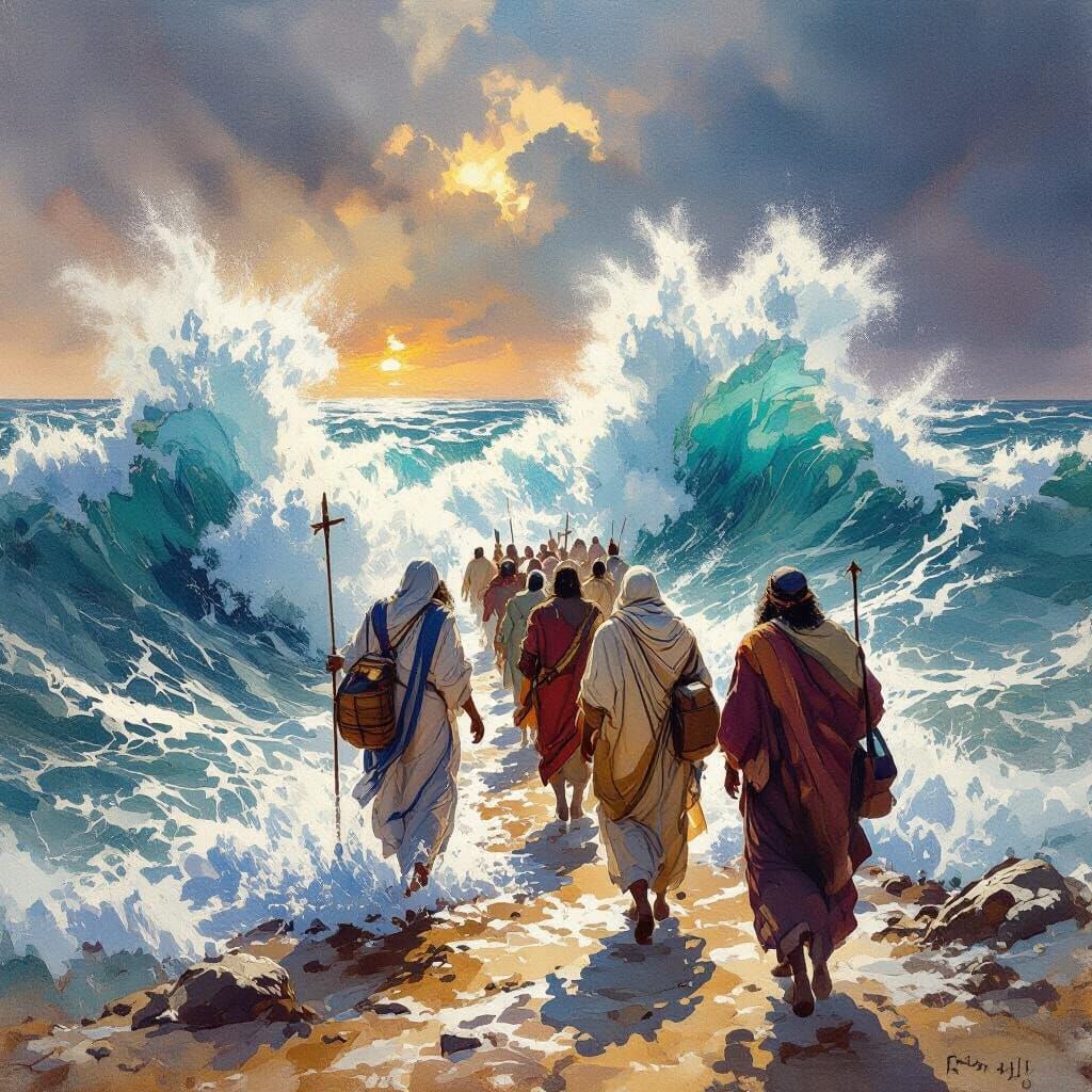 Red Sea Crossing in Realistic Watercolor Style